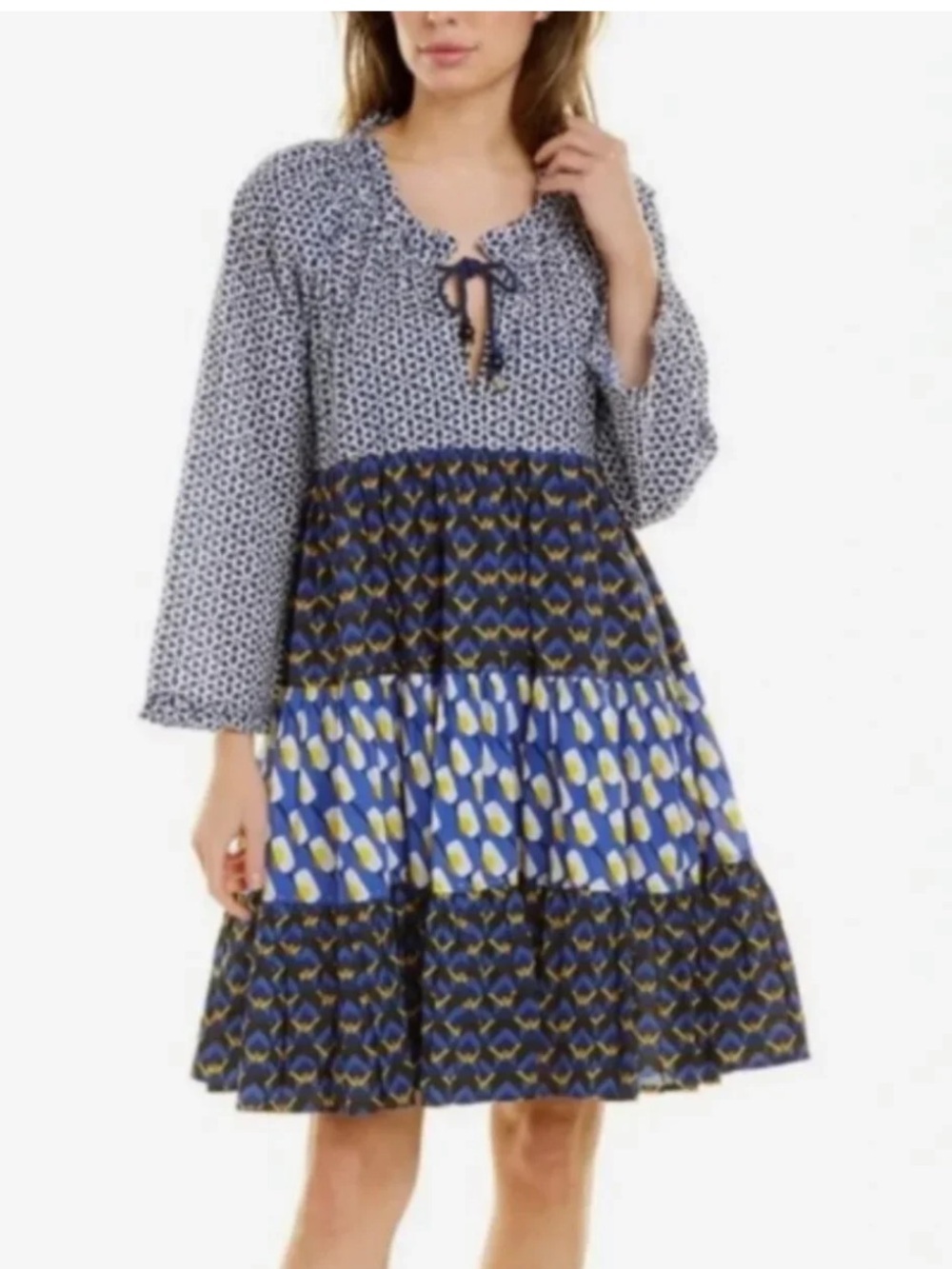 Anthropologie Ro's Garden Sonia Mixed Print Tiered Block Print Dress in Blue